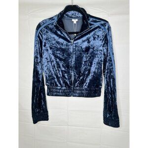 Women Blue Long Sleeve Crushed Velour Zip Up Jacket Hoodie Size Small